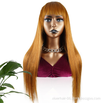 Virgin No Lace Orange Color Manufacturers Glueless 10A Deep Straight Wave Wholesale with Fringe Human Hair Machine Wig